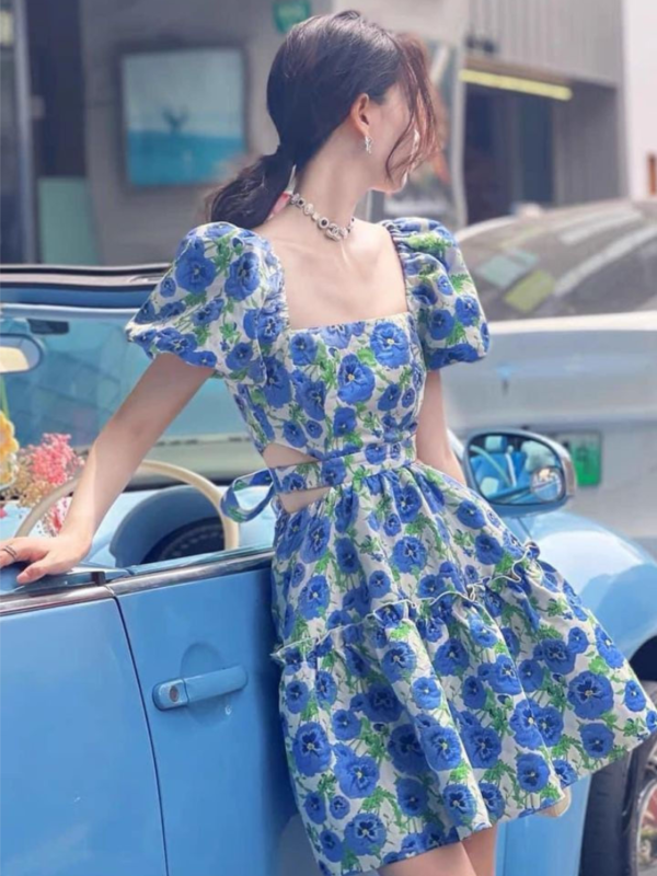 Blue Floral Tie-Up Mini Dress